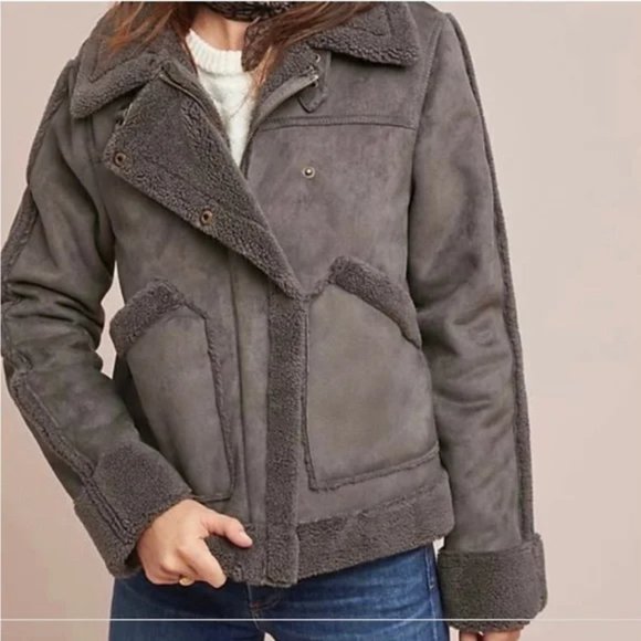 NWOT Anthropologie Marrakech Tina Suede Sherpa Fleece Aviator Jacket, Size XS - Picture 2 of 10